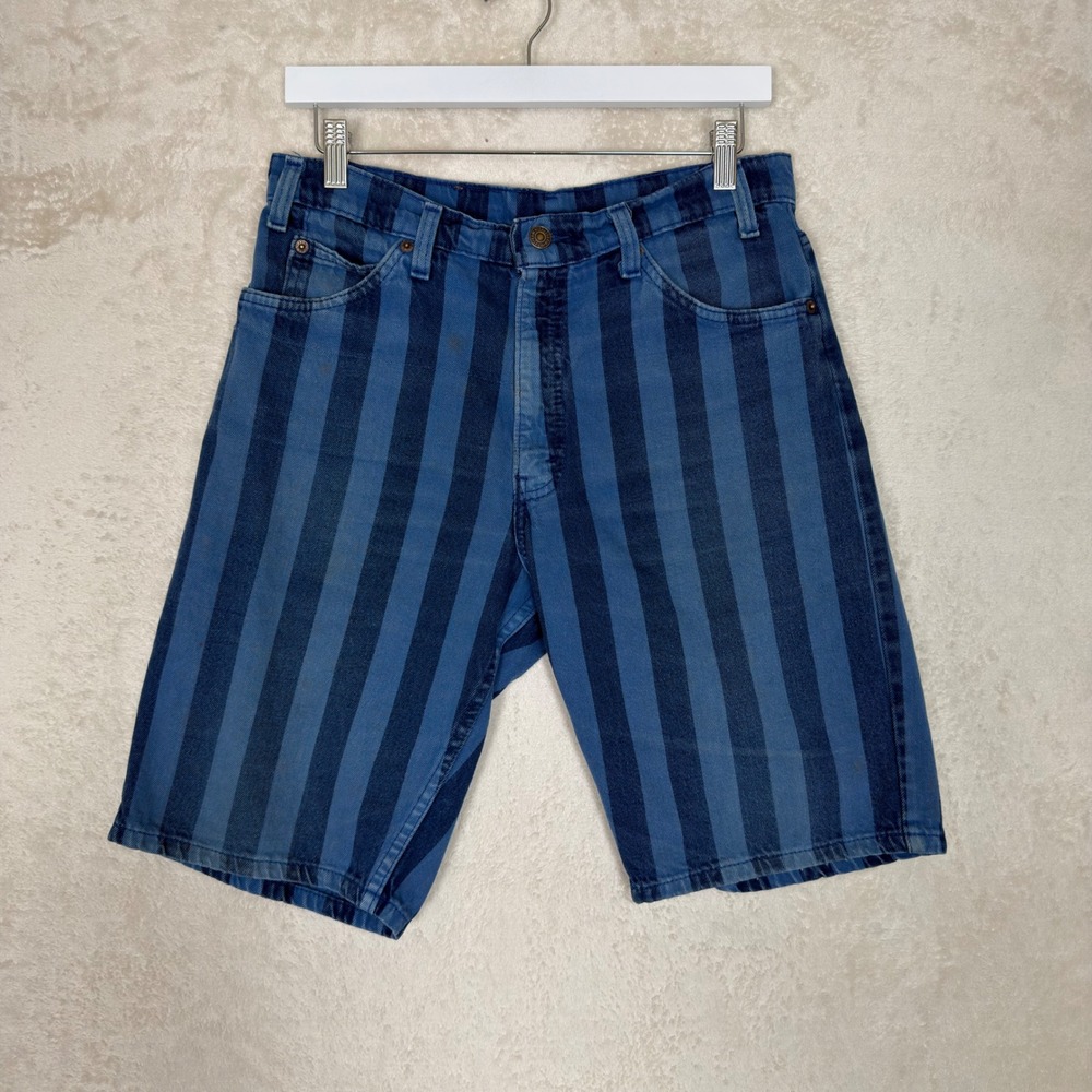 Vintage Levis 550 Orange Tab Striped Blue Denim Shorts Mens 32 Relaxed Fit